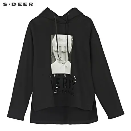 sdeer圣迪奥女2019秋连帽抽绳人像印花开衩下摆短款卫衣S19182242图片