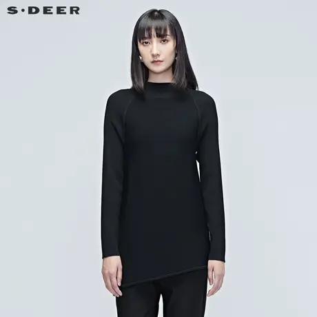 sdeer圣迪奥春季女装简约斜摆螺纹半高领黑色毛衣针织衫S20383524图片