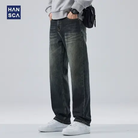 hansca美式牛仔裤男款秋季水洗做旧复古长裤潮牌高街宽松直筒裤子商品大图