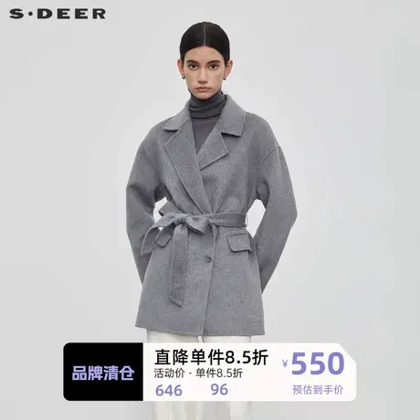 sdeer圣迪奥女装休闲西装领收腰短款毛呢大衣S23462602图片