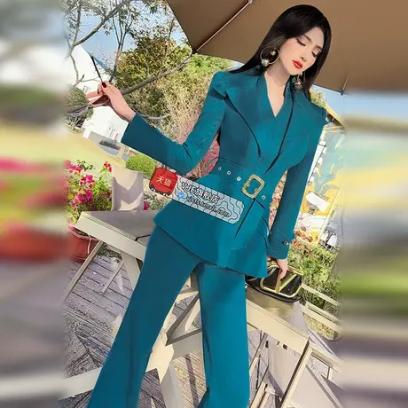 VJE冬季气质减龄职业套装新款假两件西装高腰喇叭裤两件套图片