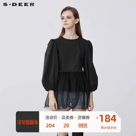 sdeer圣迪奥女装复古圆领木耳边网纱拼接七分袖衬衫S21360533😅商品大图