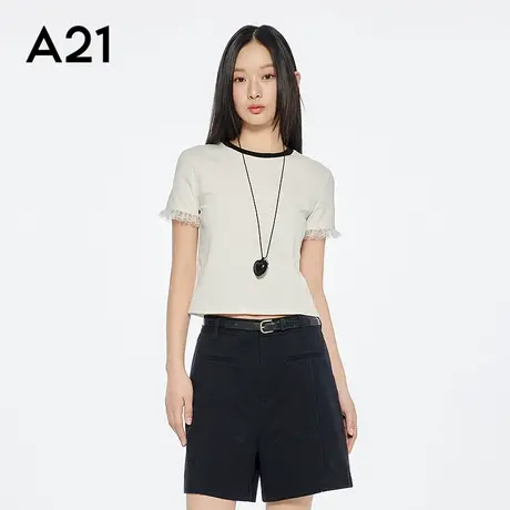 A21女装拼接荷叶袖短款T恤撞色圆领修身显瘦上衣简约小衫图片