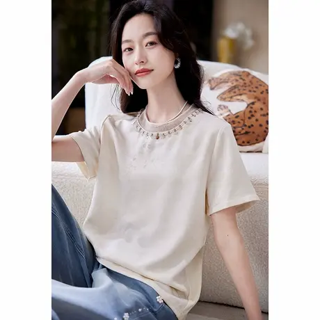 宝诗黎圆领钉钻提花拼接短袖T恤2025夏季时尚休闲百搭简约上衣女图片