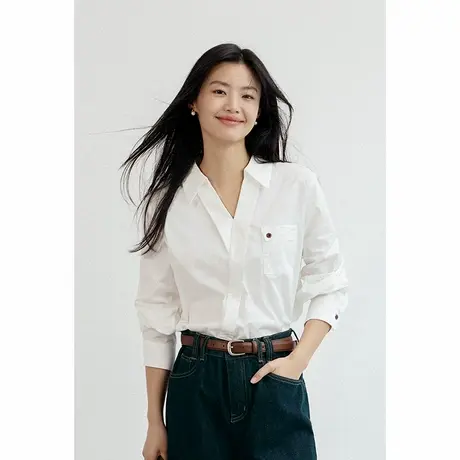 弥古白色v领纯棉衬衫女上衣高级感春季叠穿打底长袖内搭正肩衬衣商品大图