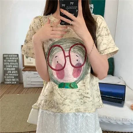 潮牌扎染短袖t恤女2025新款夏季美式复古设计感小众欧货重磅上衣商品大图