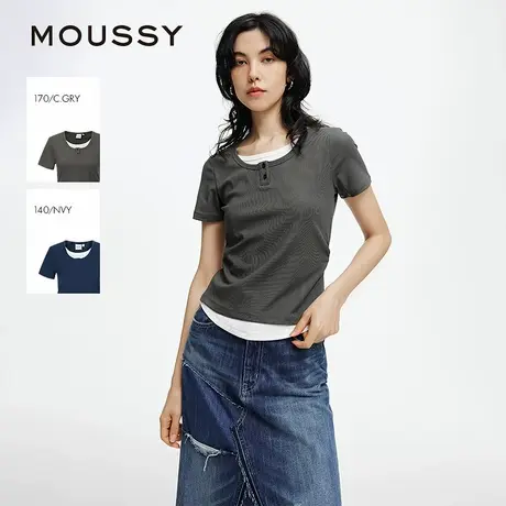 MOUSSY 2025夏季新品简约风假两件撞色正肩短袖T恤028ISA80-3901图片