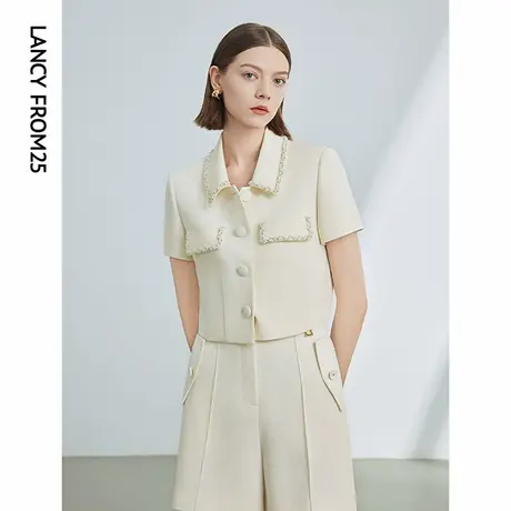 朗姿醋酸小香风休闲气质高级感短袖女2024夏新款法式白色短外套商品大图