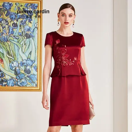 【皮尔卡丹女装】夏季新款红色圆领假两件连衣裙时尚【官方正品】图片