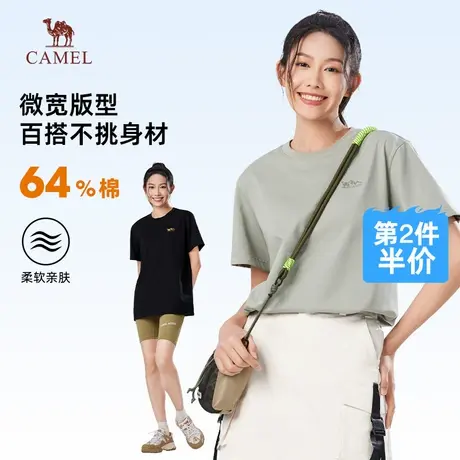 骆驼女装速干短袖t恤女夏季2025新款情侣圆领印花运动半袖体恤女图片
