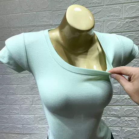 韩国ins网红显胸大短袖t恤女薄款紧身圆领纯色百搭短款打底上衣夏商品大图