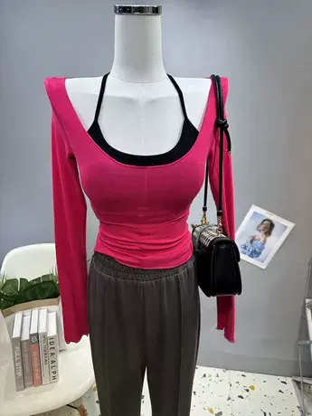 高及感~版型好性感挂脖吊带两件套女撞色薄款紧身长袖T恤套装上衣商品大图