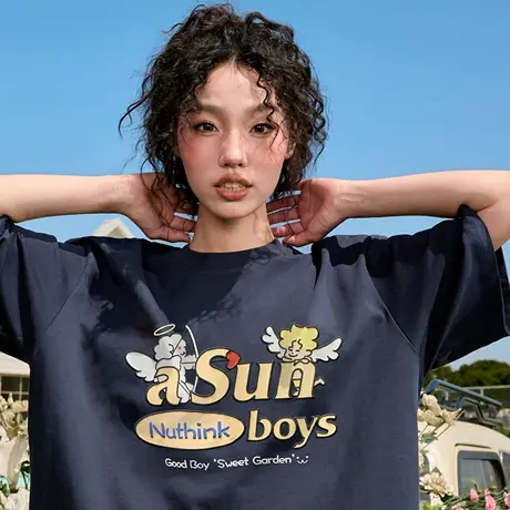 Nuthink天使丘比特卡通印花短袖T恤美式潮牌情侣男女2025夏季新款图片