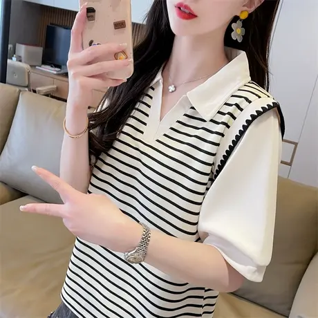 翻领polo衫短袖t恤女夏装韩版宽松大码女装条纹撞色假两件上衣服图片