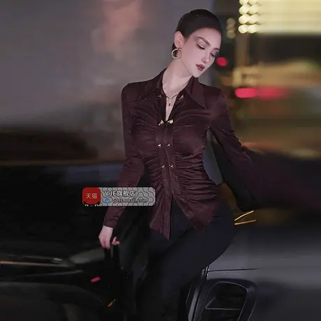 VJE初秋气质修身抽皱名媛风衬衫新款性感通勤减龄小衫上衣图片