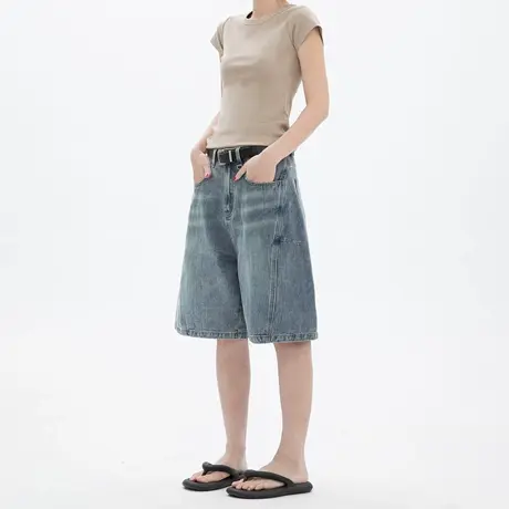 美式潮牌水洗做旧牛仔短裤女夏季宽松复古百搭直筒阔腿休闲五分裤图片
