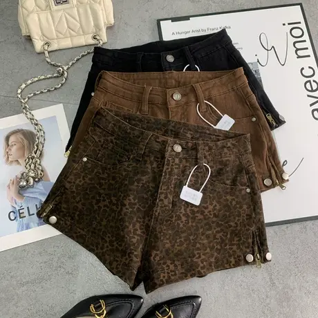 网红同款拉链豹纹牛仔短裤女2024秋冬加绒新款高腰显瘦阔腿热裤潮商品大图