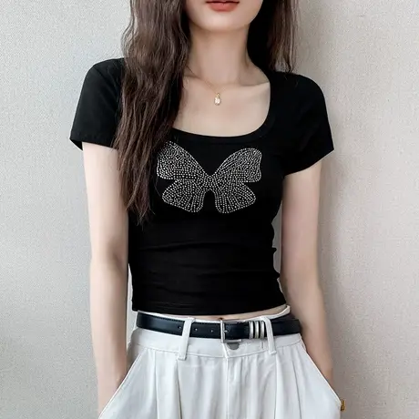 大圆领蝴蝶烫钻短袖T恤女2025春季新款纯色别致修身正肩内搭上衣图片