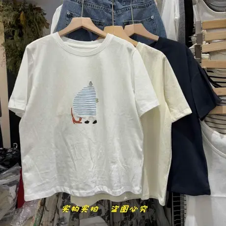 薄款面料凉感雪花棉短袖T恤女通勤宽松学院风蓝胖子印花减龄上衣商品大图