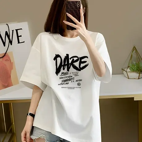 欧货短袖t恤女ins潮chic港风宽松纯棉2025遮肚子大码胖mm夏装上衣商品大图