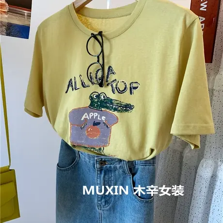 复古小恐龙印花宽松薄款丝滑休闲正肩时尚百搭短袖T恤衫夏季女款商品大图