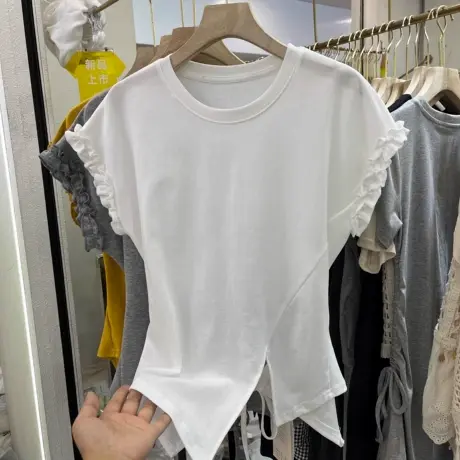 设计感木耳边拼接圆领T恤女2025夏季新款后腰绑带露腰上衣体恤衫商品大图