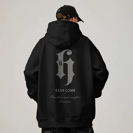 加肥加大码连帽嘻哈字母胖子男宽松卫衣纯棉加绒春秋冬款带帽外套图片