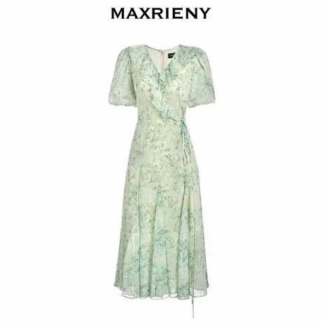 【奥莱】MAXRIENY短袖碎花雪纺茶歇裙V领连衣裙中长裙图片