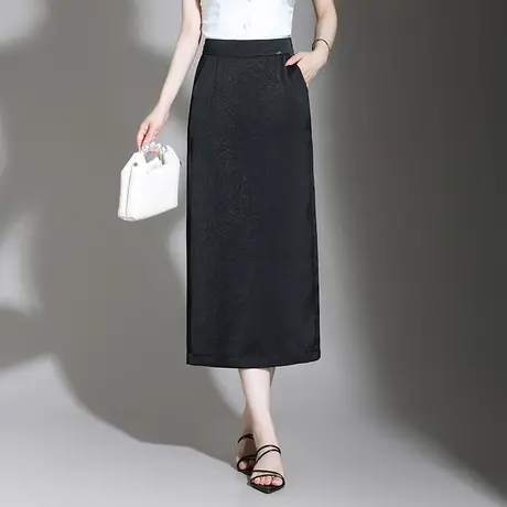 薄款缎面抓花直筒裙女夏季2025新款高腰显瘦气质开叉一步裙中长裙商品大图