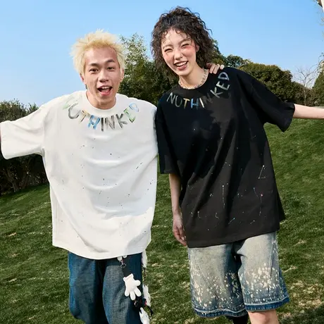 Nuthink美式手绘涂鸦字母印花短袖T恤潮牌半袖男女情侣2025夏新款图片