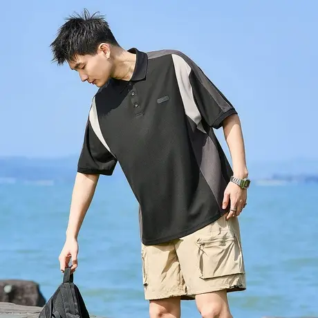 唐狮夏季新款男短袖Polo衫宽松撞色翻领上衣学生港风显瘦T恤商品大图