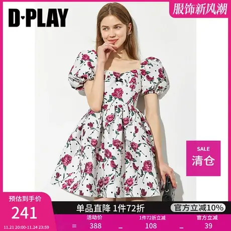 DPLAY夏季新复古方领玫瑰提花蓬蓬公主裙商品大图