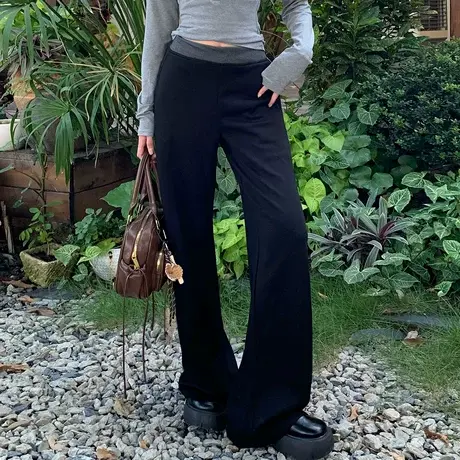 尔给秋季显瘦直筒卫裤女时尚黑色百搭休闲高腰外穿垂感拖地裤商品大图