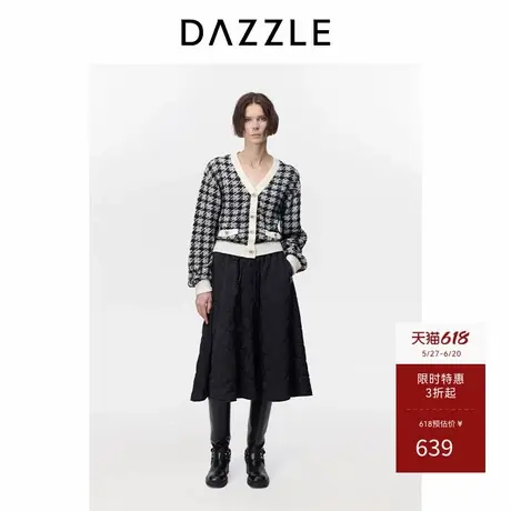 DAZZLE地素奥莱  毛衣女装冬季千鸟格拼接针织长袖开衫上衣商品大图