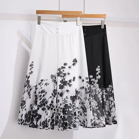 妈妈裙裤阔腿裤女夏季薄款2025新款大码宽松印花雪纺八分裤休闲裤图片