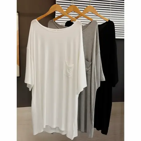 中长款莫代尔大圆领口袋T恤裙女夏季宽松大码睡衣裙小个子连衣裙商品大图