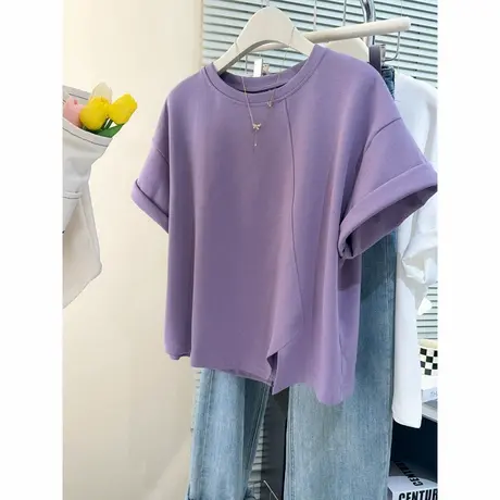 复古chic港味纯棉半袖T恤女夏季宽松韩版百搭开叉下摆短袖上衣潮商品大图