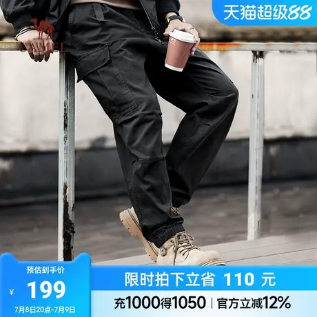 骆驼男装重磅纯棉工装裤男士春季宽松黑色户外运动束脚休闲长裤子图片