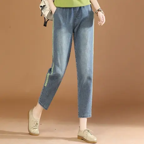 韩潮袭人松紧腰磨白撞色牛仔长裤女2024春新款休闲修身显瘦哈伦裤图片