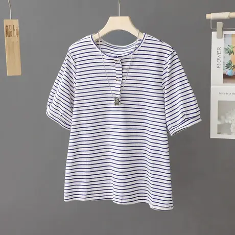 2023夏季新款文艺水洗棉条纹短袖T恤女宽松显瘦圆领套头百搭上衣商品大图