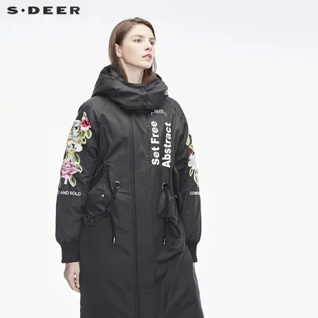 sdeer圣迪奥刺绣花卉字母装饰腰部抽绳设计连帽羽绒服S18482481商品大图