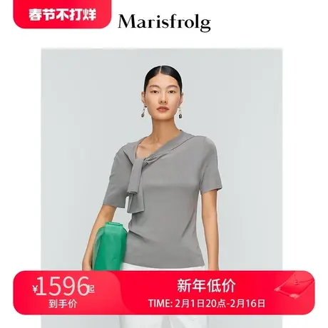 【高阶色彩__石墨灰】玛丝菲尔新款v领设计感系结气质短袖飘带T恤图片