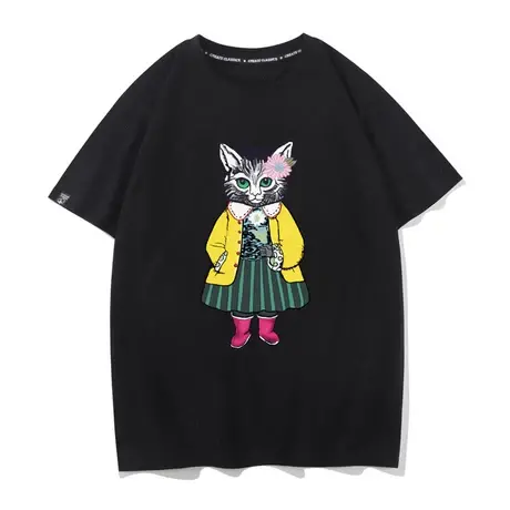 欧洲站欧式猫咪图案印花短袖T恤港风国潮高街宽松男半袖情侣装TEE图片
