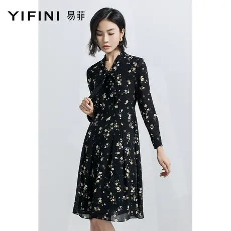 Yifini/易菲长袖V领飘带连衣裙女2023春秋新款中长款显瘦收腰裙子图片