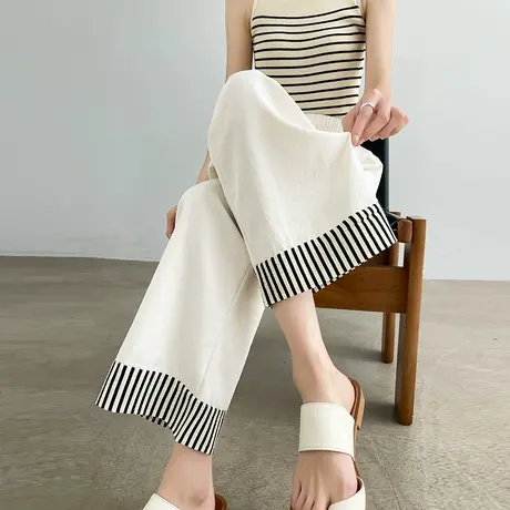 条纹休闲直筒裤女夏季薄款高腰显瘦宽松八九分小个子米白色阔腿裤商品大图