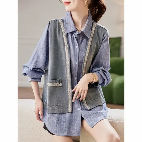 宝诗黎假两件钉珠拼接条纹衬衫2025春季韩版设计感洋气休闲衬衣女商品大图