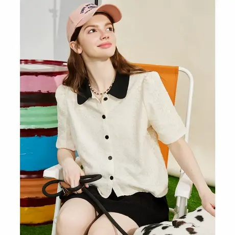 a02a02蕾丝拼接小香风正肩小衫夏季撞色翻领气质女式衬衫商品大图