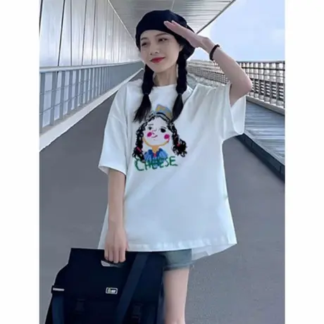 夏季新款卡通印花白色短袖t恤女宽松高级感中长款大版遮屁股上衣图片