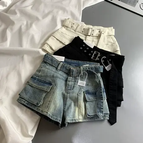欧货腰带大口袋工装牛仔短裤女春季新款辣妹高腰显瘦阔腿a字热裤商品大图