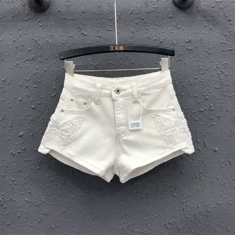 韩版蝴蝶刺绣牛仔短裤女2025夏季新款弹力小众高腰a字包臀热裤潮商品大图